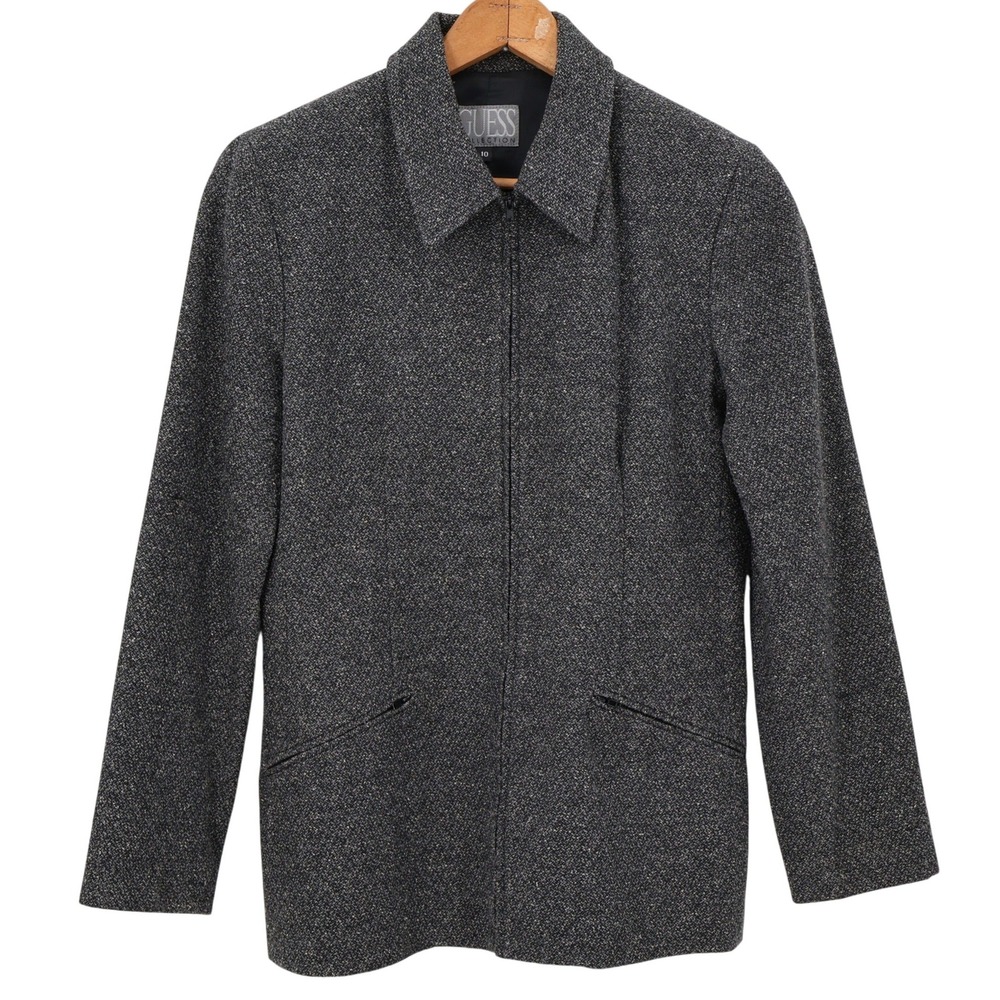 Guess Collection Wool Blend Jacket Womens Size 10 Gray‎ Tweed Zip Vintage 90s